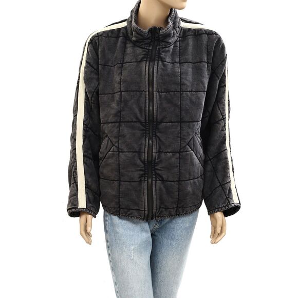 Free People Jackets & Blazers - Free People Charcoal Quilted Puffer Jacket with Cream Sleeve Stripes